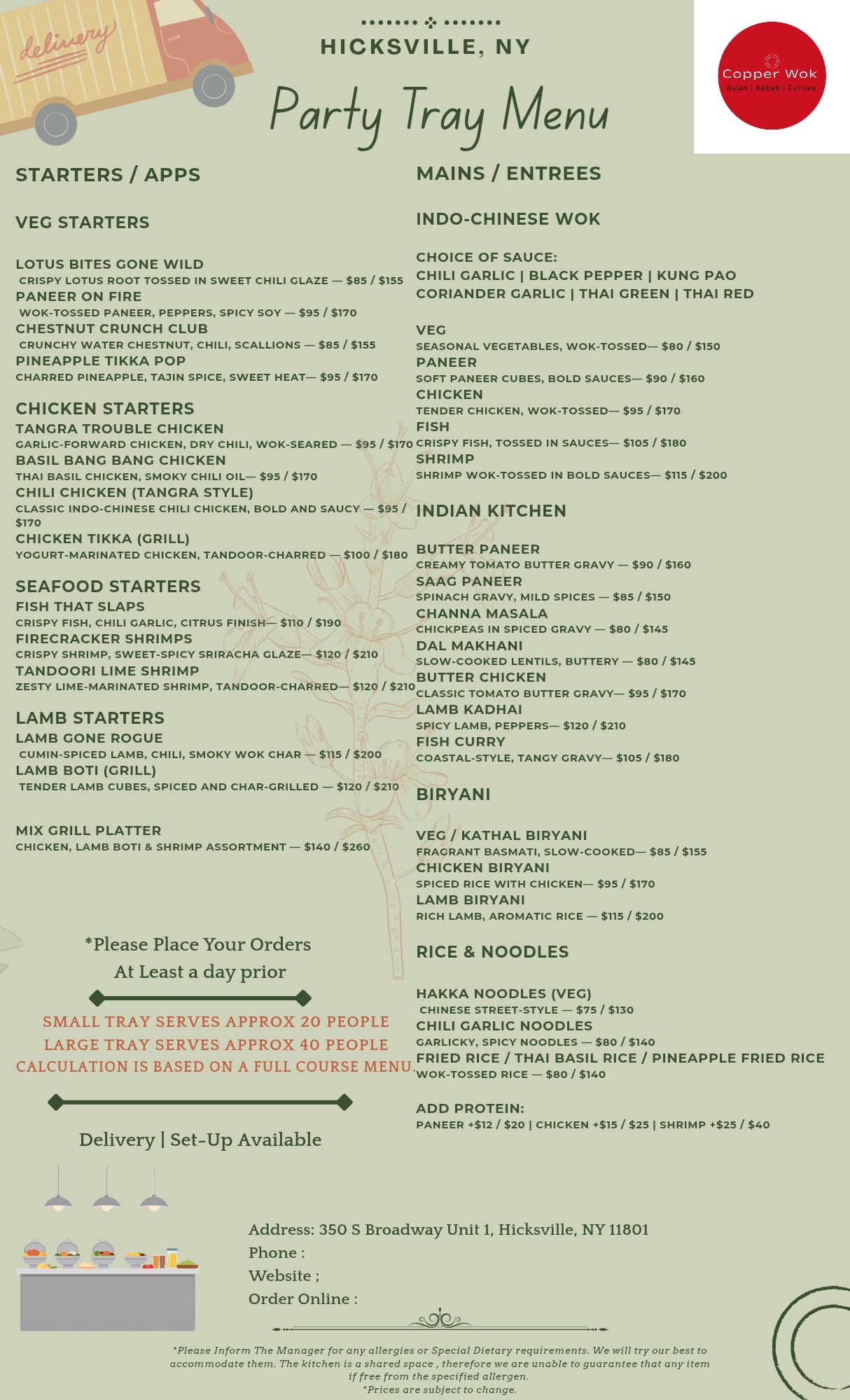 Copper Wok party tray catering menu — starters, mains, biryani, rice & noodles, with small and large tray pricing