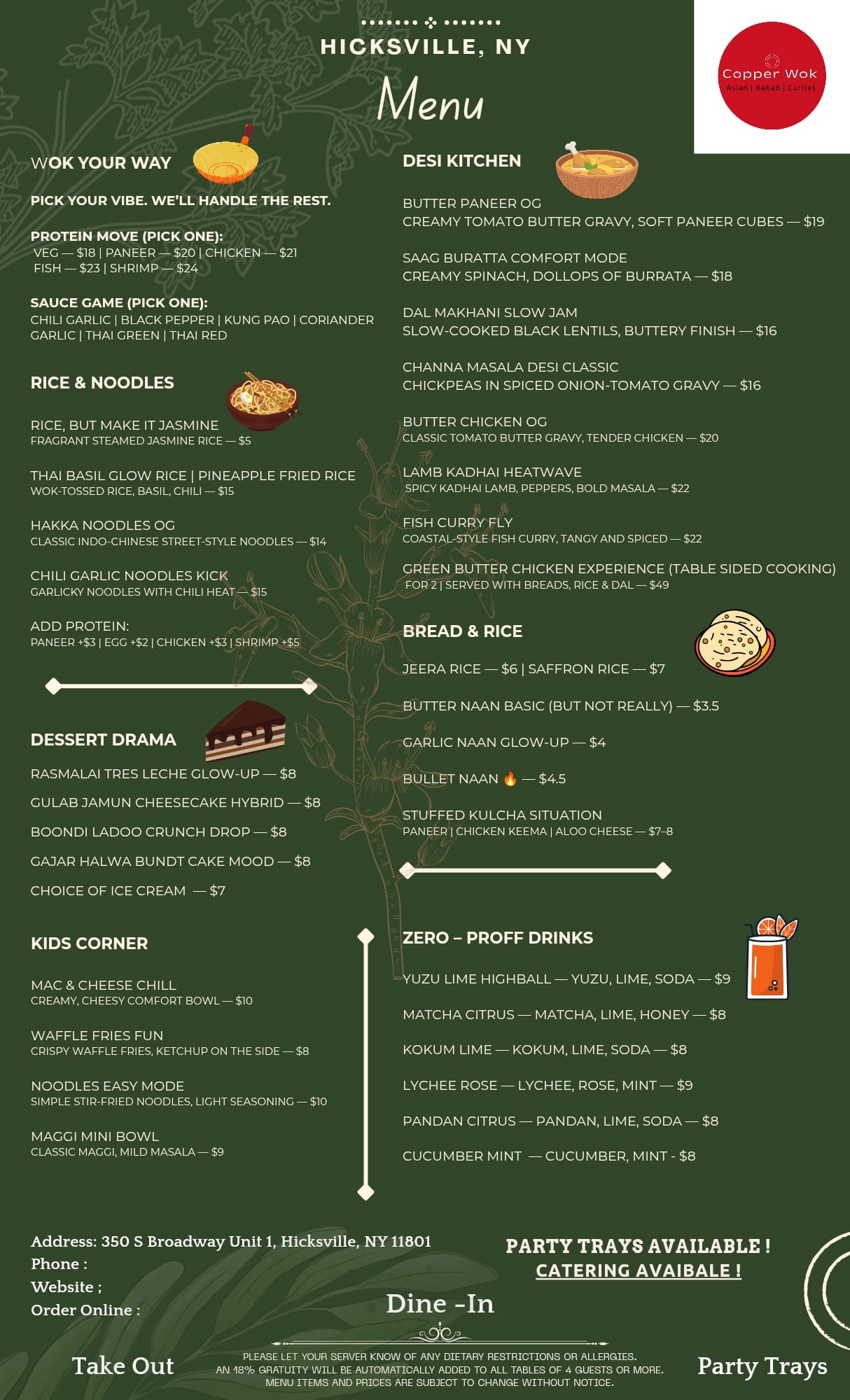 Copper Wok dine-in menu page 1 — Wok Your Way, Desi Kitchen, Rice & Noodles, Dessert, Kids Corner, Zero-Proof Drinks