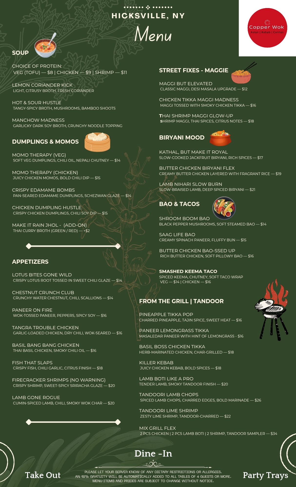 Copper Wok dine-in menu page 2 — Soup, Dumplings & Momos, Appetizers, Maggi, Biryani, Bao & Tacos, From the Grill
